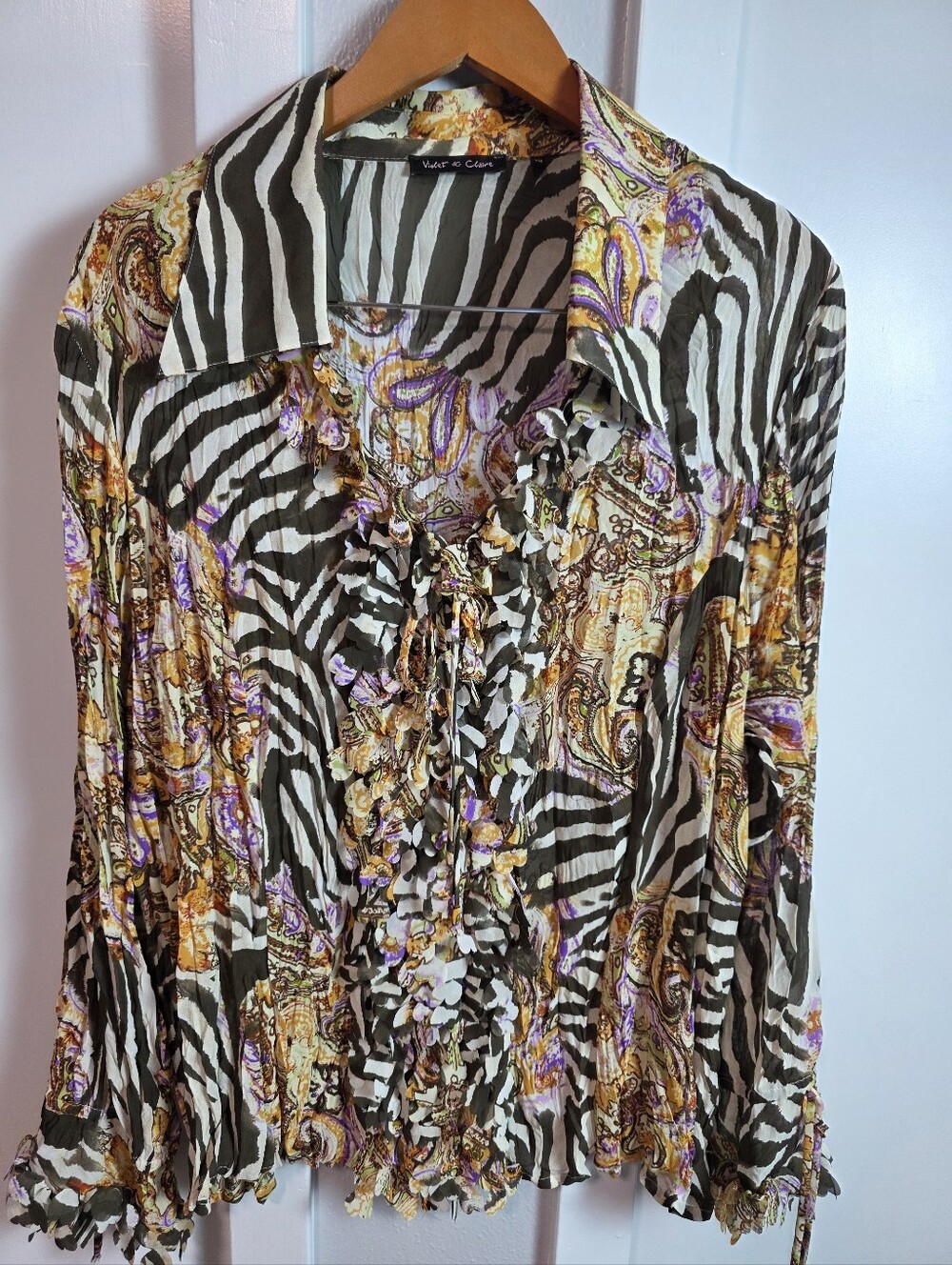 Violet & Claire Size 2X Mixed Zebra & Paisley Print Crinkle Chiffon Ruffle Blous